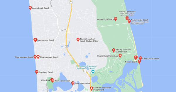 Map of beaches in Eastham Map showing public beaches that allow dogs.