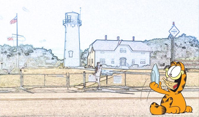 Garfield throwing down a pie in front of Chatham Lighthouse.