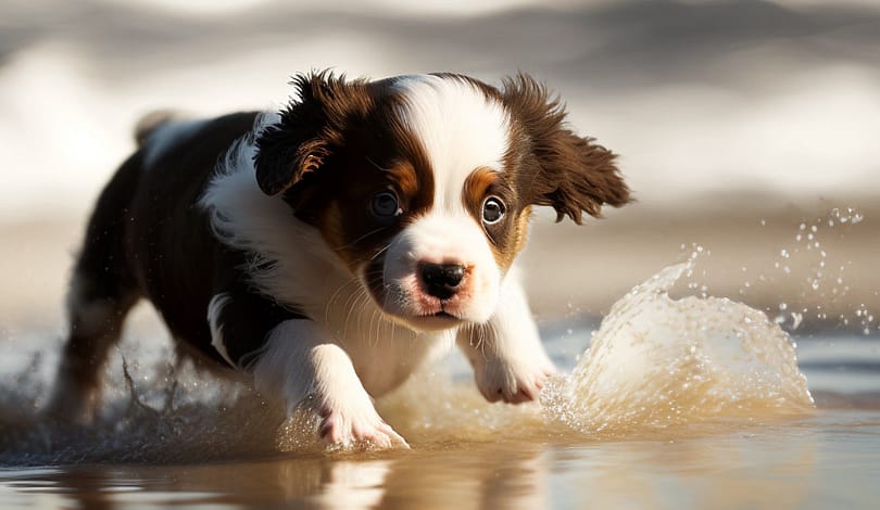 A puppy splashing in the waves of nauset beach.