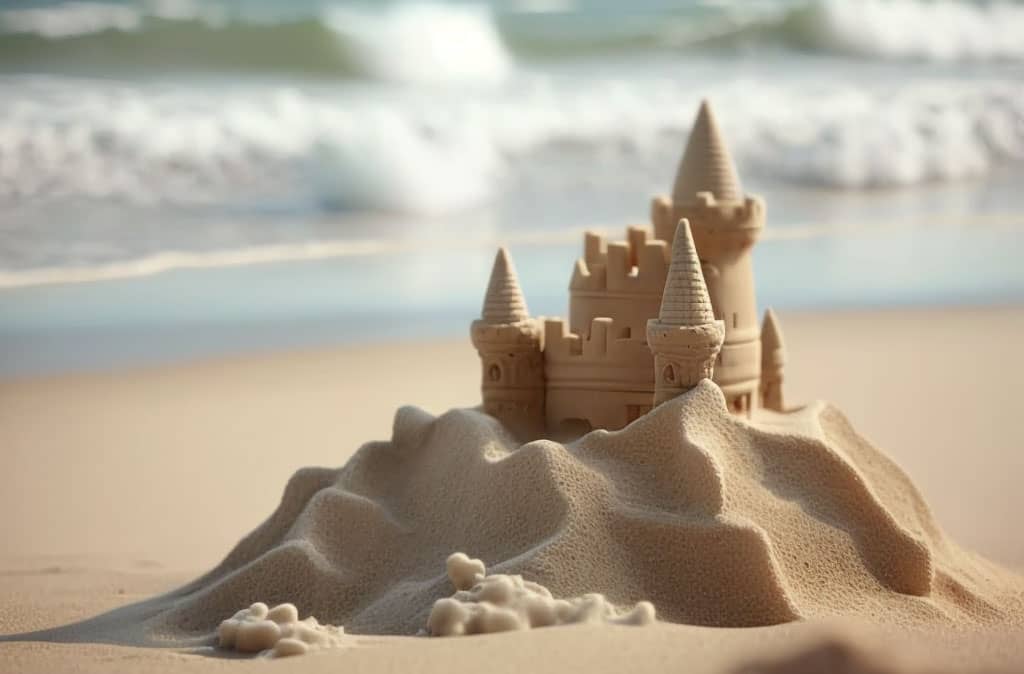 A sand castle waits for the ocean waves to wash it away on Cape Cod.